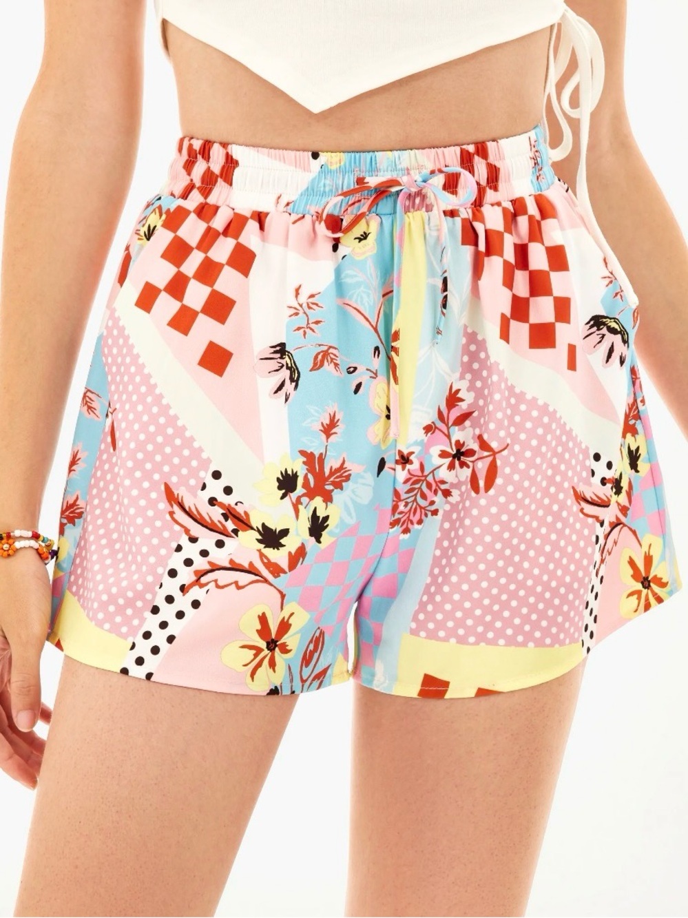 Cider Women's Pink Floral Patchwork Drawstring Shorts Size L